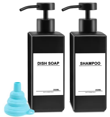 Produktbild von Seifenspender in Mattschwarz, moderner Glasseifenspender (350 ml), Duschgelspender, nachfüllbare Shampooflasche, Spülmittelspender, Edelstahl-Pumpflasche für die Küche, Shampooflasche mit Pumpe für Dusche und Bad