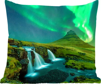 Produktbild von MuchoWow® Zierkissen Sofakissen Wohnzimmer Dekokissen 40x40 cm Nordlichter - Wasserfall - Berg - Island - Foto Kissen - Schlafzimmer Dekoration