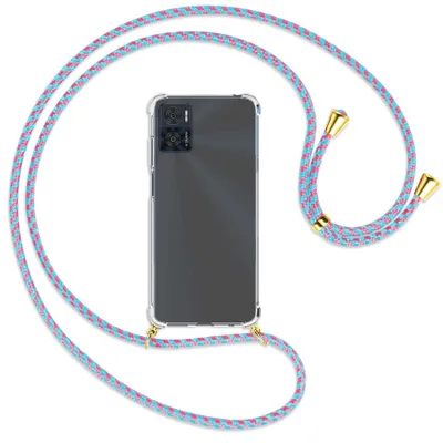 Produktbild von Handykette Backcover-Schutzhülle mit Band (Metall goldfarben) für Motorola Moto E22, Moto E22i 4G - pink/mint