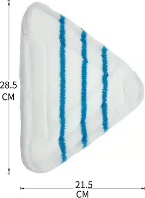 A triangular mop head with blue stripes is shown against a white background, with dimensions indicated.