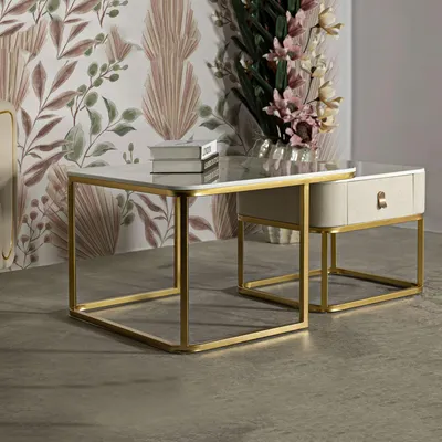 Immagine prodotto di Davarere - Tavolino da Salotto, 70x70x48h cm Bianco Marmo, un Cassetto