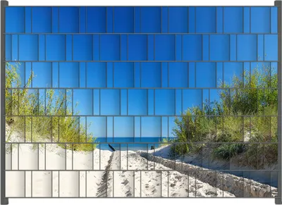 Produktbild von Wallario Zaunsichtschutz mit Motiv Auf dem Sandweg zum Strand - Blauer Himmel über dem Meer für Ein- und Doppelstabmatten Zäune in der Größe 200 x 140 cm