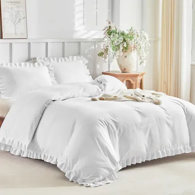 Produktbild von Bettwäsche-Set mit Rüschen Doppelbett 200x200 cm Weiß Mikrofaser 2 Kissenbezüge