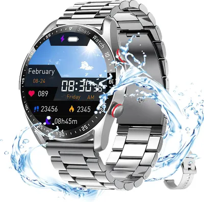 Smartwatch Herren IP67 Wasserdicht Fitnessuhr mit Schlafmonitor, Edelstahl- & Silikonband, Silber