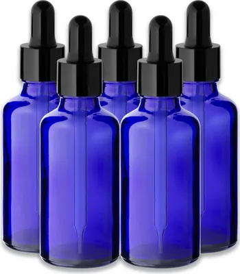 Produktbild von 5x Blaue Glasflasche 50 ml mit schwarzer Pipette Kosmetikflasche Set