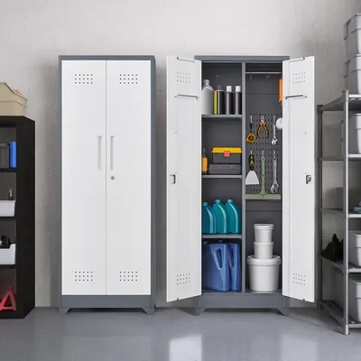 Produktbild von Metall Besenschrank Grau 165 cm mit abschließbaren Türen, Einlegeböden, Kleiderstange & S-Haken, Putzschrank für Haushalt & Garage