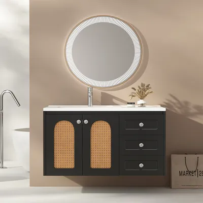 Produktbild von Badmöbel-Set Waschbecken mit 3 Schubladen Waschplatz Badschrank Aufsatzwaschbecken in Breite 90 cm