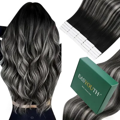 Image de Extensions à clips, cheveux naturels, dégradé noir-argenté, 40 cm, 40 grammes