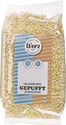 Produktbild von Werz Vollkorn Hirse gepufft, Hirsekorn, 125 g, 381 kcal, 1612 kJ, 4,3 g, 11 g