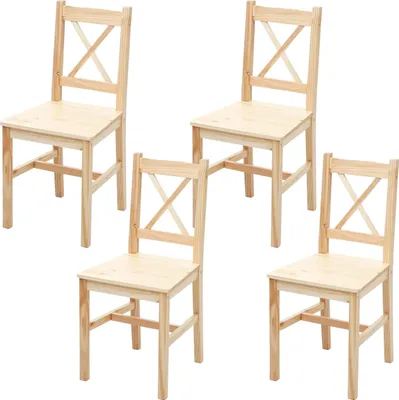 Four wooden dining chairs are arranged on a white background.
