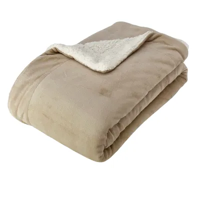A folded beige sherpa fleece blanket on a white background.