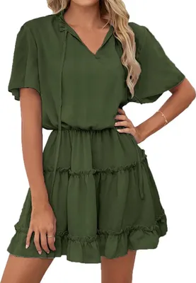 Produktbild von ASKSA Damen Kurzarm Kleid Elegant Rüschen Sommer V-Ausschnitt Tunikakleid Einfarbig Kleider, Grün, S
