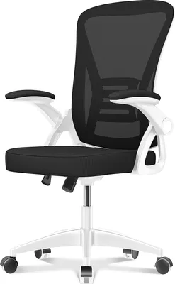 Produktbild von Bürostuhl – Ergonomischer Sitz – Sessel mit 90° klappbarer Armlehne – Lordosenstütze – höhenverstellbar - schwarz und weiß