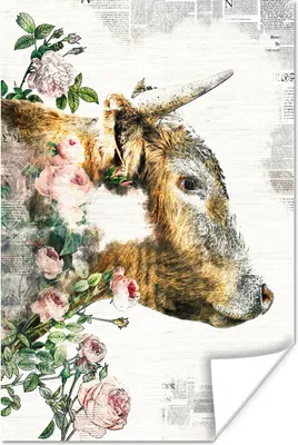 Produktbild von MuchoWow® Poster Schottische Hochlandrind - Blumen - Rosen 60x90 cm - Wanddekoration