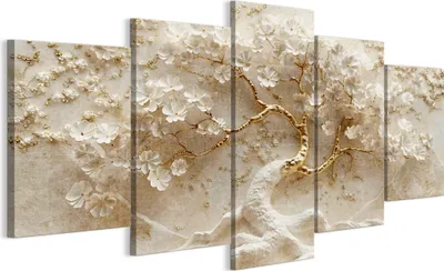 Produktbild von LUMASOUL Leinwand Bilder 100x50 cm, Leinwandbild Blumen Japandi Motiv, Wandbilder Holzrahmen und Webstuhl Wohnzimmer und Schlafzimmer, 5 teilig