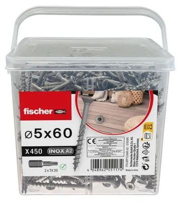 Productafbeelding van fischer 576395 ACTIE: fischer Terrasschroeven 576395, 5 mm x 60 mm, 450 stuks + GRATIS 2 stuks roestvrijstalen bit TX 20