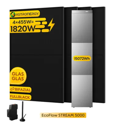 Produktbild von Powerness® Balkonkraftwerk mit Speicher 15072Wh, EcoFlow Stream 5000 Speicher mit 2x EB 5000 Zusatzbatterie, 4x 455Wp Solarmodule+Smart Meter