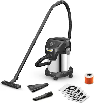 A Kärcher wet/dry vacuum cleaner and its accessories are displayed against a white background.