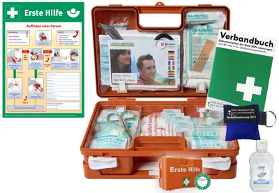 Produktbild von Erste-Hilfe-Koffer M1 -Paket 2- mit "Notfallbeatmungshilfe" für Betriebe - aktuelle DIN/EN 13157 inkl. Hygiene-Gel & 1. Hilfe Aushang