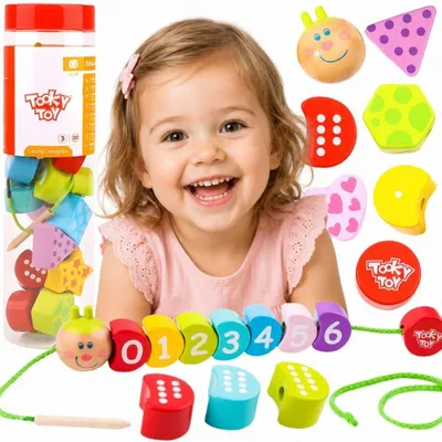 Produktbild von Tooky Toy Holz-Fädelblöcke, Raupe, zum Lernen, Zählen, 20 Stück.