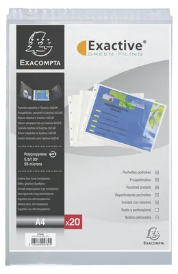 Produktbild von Exacompta 5734E 20er Pack PP-Kunststoff Prospekthüllen Standard. Für DIN A4 Quer transparent glasklar oben offen Klarsichtfolie Plastikhülle Klarsichthülle ideal für Ordner Ringbücher und Hefter