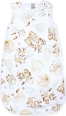 Produktbild von TupTam Schlafsack Baby 2.5 TOG –  Ganzjahresschlafsack Kinder mit Seitlichem Reißverschluss, Ärmellos, Farbe: Beige Tiere auf Wolken / Weiß, Größe: 68-74