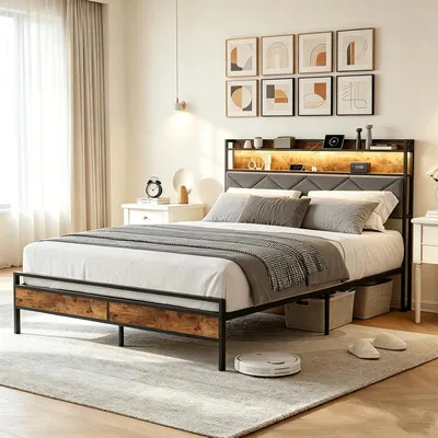 Productafbeelding van INONEF bed, 140x200 cm, met LED-verlichting en USB-C poort, metalen bedframe met gestoffeerd hoofdeinde en opbergruimte, tweepersoonsbed met lattenbodem en opbergruimte eronder, grijs