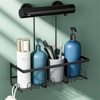 Produktbild von PromoHome® Duschregal ohne Bohren – Schwarz Duschablage – Shampoo Halter für Duschkorb