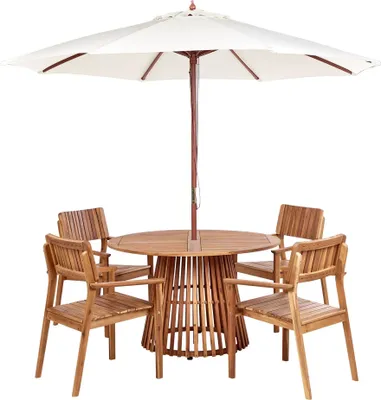 Produktbild von BELIANI Gartenmöbel Set Hellbraun Akazenholz 6-Teilig Runder Tisch ⌀ 120 cm mit 4 Stühlen und 1 Sonnenschirm Runstikales Design Outdoor Terrasse Garten