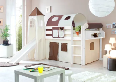 Produktbild von Rutschbett mit Turm "Kasper" Kiefer Weiß Classic (Beige-Braun)