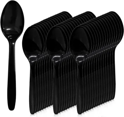 Produktbild von Schwarzes Plastikbesteck - 100 Einweg-Plastiklöffel, 14,6 cm, dicker matter Griff, sicher und stabil - ideal für Geburtstage, Grillabende, Hochzeiten und mehr | Anwendungsbereiche: Party, Grill, Hochzeit, Geburtstag, Catering