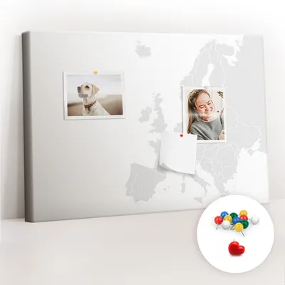 Imagen del producto de Tablero de corcho con chinchetas – Tablero con chinchetas para fotografías y notas – 60x40 cm – Chinchetas de colores, 100 unidades – Mapa de Europa