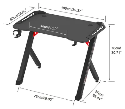 Image de Bureau de jeu avec éclairage RGB LED et porte-gobelet - Structure en acier et plateau noir