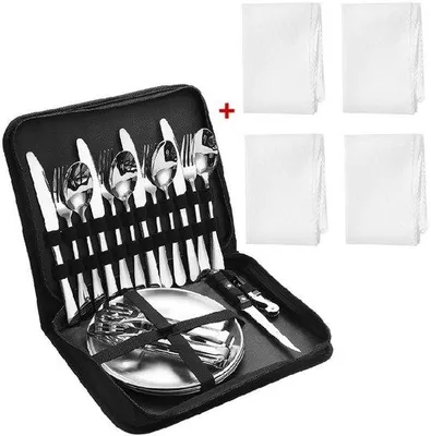 Image de Set de couverts de camping pour 4 personnes - Comprend des couverts en acier inoxydable - Livré dans un sac de transport - Idéal pour les pique-niques et les barbecues