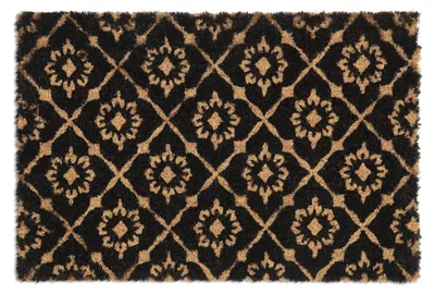 Image de Tapis d'entrée Relaxdays en coco, 40 x 60 cm, motifs floraux, pour l'intérieur et l'extérieur, antidérapant, résistant aux intempéries, naturel/noir