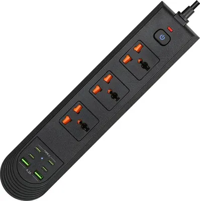 Produktbild von INF Steckdosenleiste mit Typ-C Schnellladung, 3 Steckdosen und 6 USB Anschlüsse Schwarz
