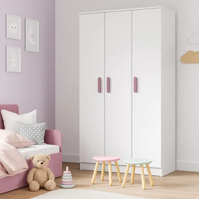 Produktbild von Kinder-Kleiderschrank 120 cm – Weiß/Weiß mit erika Griffe, Kleiderstange & Einlegeböden JONAS 19