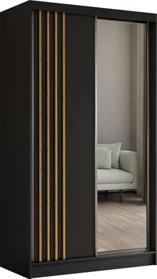 A wardrobe with sliding doors and a mirror, reflecting a living room scene.