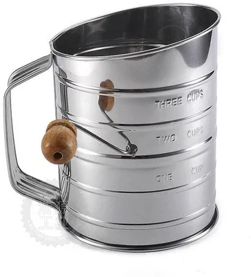 Image de Tamis à farine en acier pour trois tasses - Râpe à sucre rotative avec levier manuel - Saupoudreuse - Convient à la pâtisserie