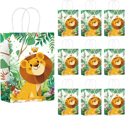 Image de Sacs en papier décorés avec des lions, lot de 10, en papier kraft, pour fêtes d'anniversaire pour enfants