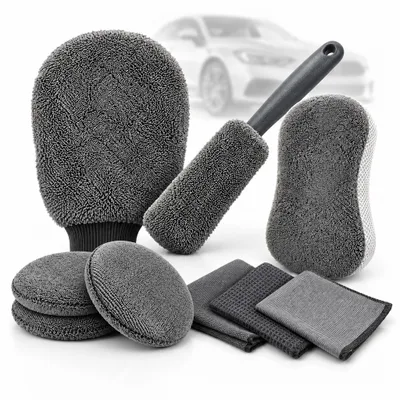 Produktbild von Autopflege Set Mikrofaser 9-teilig – Waschhandschuh, Felgenbürste, Reinigungsschwamm, 3 Auftragspads & 3 Reinigungstücher – Grau