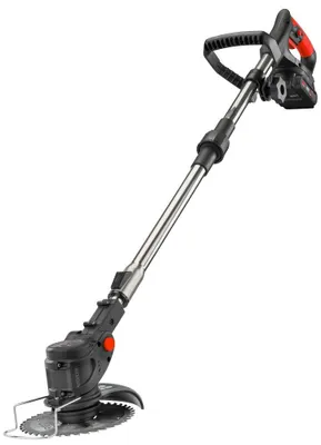 A cordless string trimmer with a blade attachment, shown against a white background.