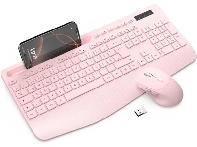 Obrázek produktu pro Sada bezdrátové klávesnice a myši s opěrkou zápěstí a držákem na telefon – růžová