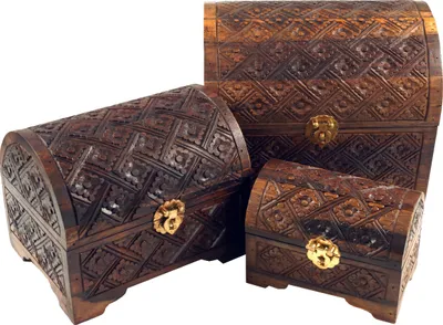 Produktbild von Halbrunde Beschnitzte Kleine Schatztruhe, Holzschachtel, Schmuck Dose in 3 Größen - Modell 3, Braun, Größe: Groß (21*25*20 cm)