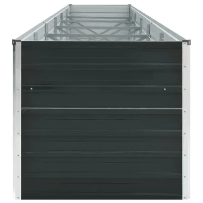 A front view of an anthracite-colored raised garden bed with a silver metal frame.