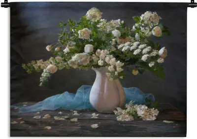 Produktbild von MuchoWow® Wandteppich Wandbehang Blumen - Weiß - Stilleben 90x67.5 cm Tapisserie Dekoration Wandtuch - Fototeppich - Wand-Skulpturen