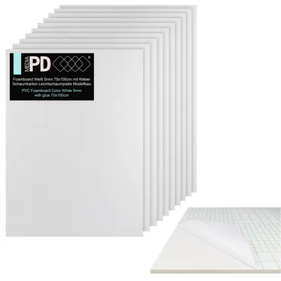 Produktbild von Leichtschaumplatten selbstklebend 70x100 cm Weiß 5 mm stark (10 Stück) – Foamboard, Schaumstoffplatte & Leichtschaum für Basteln / Modellbau