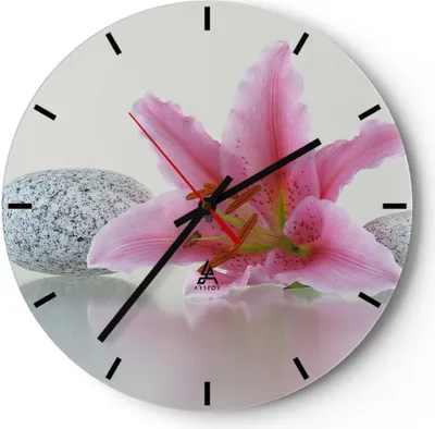 Produktbild von Wanduhr - Rund - Glasuhr - Lilienblüte grün Pflanze - 30x30cm - Schleichendes Uhrwerk - Lautlos - zum Aufhängen bereit - Dekoration Modern - Wanddekoration aus Glas - C3AR30x30-0485