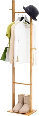 Imagen del producto de Perchero 2 en 1, hecho de madera de bambú, con 4 ganchos. Estante para ropa de pie, ideal para dormitorios
