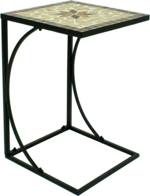 A square side table with a mosaic top and a C-shaped metal frame.